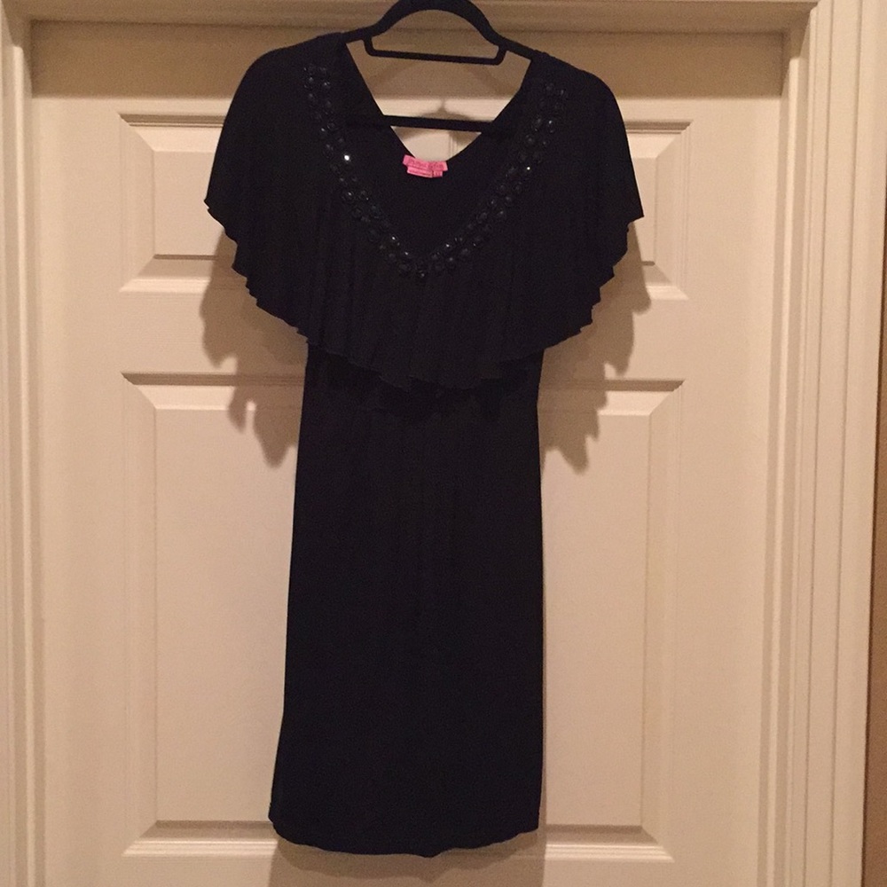 Black flutter sleeve v neck jersey stoned dress